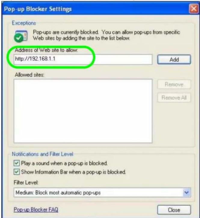 ZYXEL NBG416N - Enable pop-up Blockers with Exceptions - 2