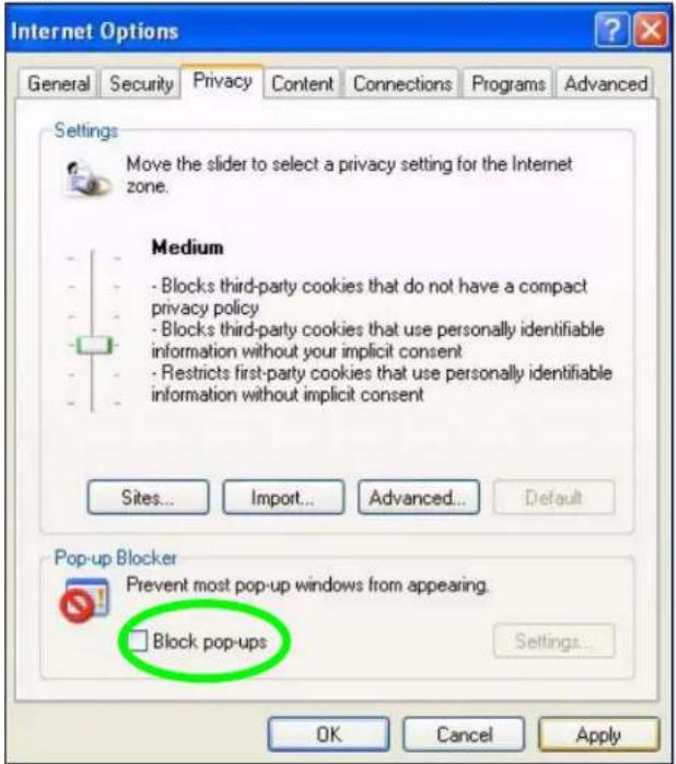 ZYXEL NBG416N - Disable pop-up Blockers - 2