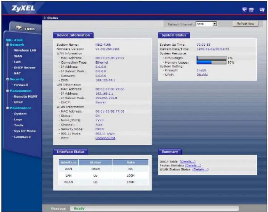 ZYXEL NBG416N - Status Screen (Router Mode) - 1