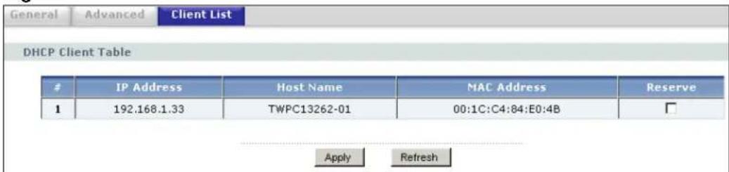 ZYXEL NBG416N - Client List Screen - 1