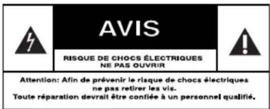 AVIS RISQUE DE CHOCS ÉLECTRIQUES NE PAS OUVRIR Attention: Afin de prévenir le risque de chocs électriques ne pas retirer les vis. Toute réparation devrait être confiée à un personnel qualifié.