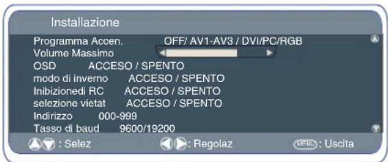 Instalazione Programma Accen. OFF/ AV1-AV3 / DVI/PC/RGB Volume Massimo OSD ACCESO / SPENTO modo di inverno ACCESO / SPENTO Inibizionedi RC ACCESO / SPENTO selezione vietat ACCESO / SPENTO Indirizzo 000-999 Tasso di baud 9600/19200 : Selez : Regolaz (END) : Uscita