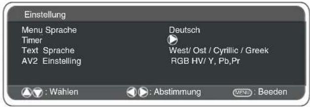 Einstellung Menu Sprache Deutsch Timer Text Sprache West/ Ost / Cyrillic / Greek AV2 Einstelling RGB HV/ Y, Pb,Pr : Wahlen : Abstimmung : Beeden