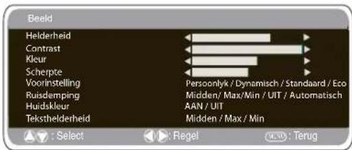 Beeld Helderheid Contrast Kleur Scherpte Voorinstelling Ruisdemping Huidskleur Teksthelderheid Persoonlyk / Dynamisch / Standaard / Eco Midden/ Max/Min / UIT / Automatisch AAN / UIT Midden / Max / Min : Select Regel : Terug