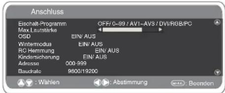 Anschluss Eichsalts-Programm OFF/0-99 / AV1-AV3 / DVI/RGB/PC Max Lautstarke OSD EIN' AUS Wintermodua EIN' AUS RC Hemmung EIN' AUS Kindersicherung EIN' AUS Adresse 000-999 Baudrale 9800/19200 : Wählen : Abstimmung