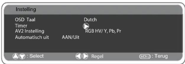 Instelling OSD Taal Timer AV2 Instelling Automatisch uit AAN/Uit Dutch RGB HV/ Y, Pb, Pr : Select Regel MENU : Terug