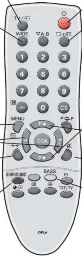 TV/+ WIDE ▽A·B 1 2 3 4 5 6 7 8 9 0 CS MENU P▲ P←P F/OK SURROUND BASS TXT/TV JXPLA