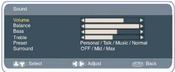 Sound Volume Balance Bass Treble Preset Surround Personal / Talk / Music / Normal OFF / Mid / Max : Select : Adjust END: Back