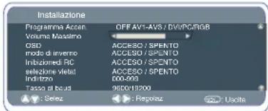 Installazione Programma Accen. Volume Massimo OSD modo di inverro Inibiziaredi RC sezione vletet Indirizzo Tasso di boud OFF AV1-AVS / DV/PG/3GB ACCESSO / SPENTO ACCESSO / SPENTO ACCESSO / SPENTO 000-999 950V/1200 : Select : Repoloz GSD Ucita
