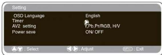Setting OSD Language Timer AV2 setting Power save English Y,Pb,Pr/RGB, H/V ON/OFF Select Adjust Exit