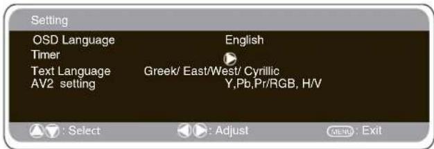 Setting OSD Language Timer Text Language AV2 setting English Greek/ East/West/ Cyrillic Y,Pb,Pr/RGB, H/V : Select : Adjust MENU: Exit