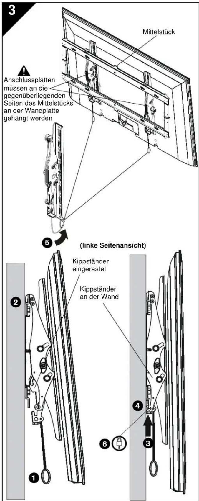 3 Anschlussplatten müssen an die gegenüberliegenden Seiten des Mittelstücks an der Wandplatte gehängt werden Mittelstück 5 (linke Seitenansicht) Kippständer eingerastet Kippständer an der Wand 6 3