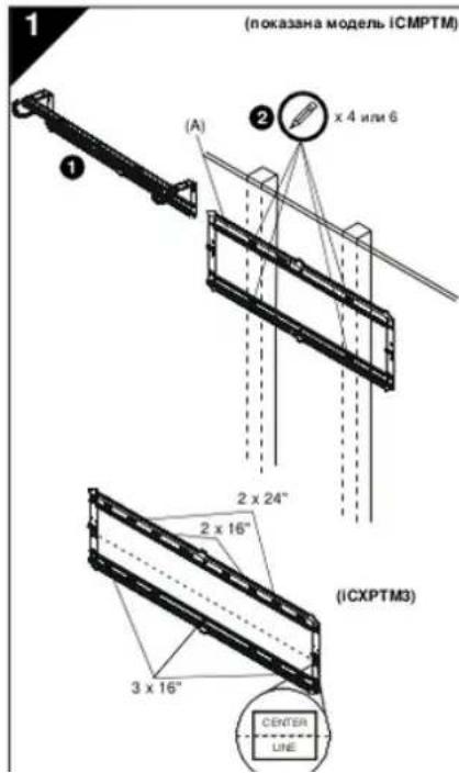 (показана модель ICMPTM) (A) 2 x 4 или 6 2 x 24" 2 x 16" (ICXPTM3) 3 x 16" CENTER LINE