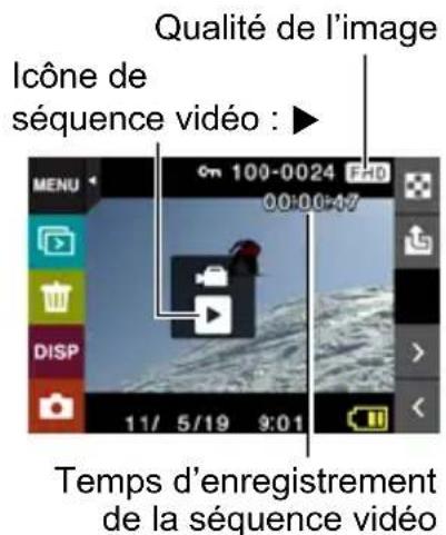 CASIO Exilim EXTR100 - Touchez « < » ou « > », ou tirez vers la gauche ou la droite sur l'image affichée pour faire défiler les séquences vidéo jusqu'à ce que celle que vous voulez apparaisse. - 1