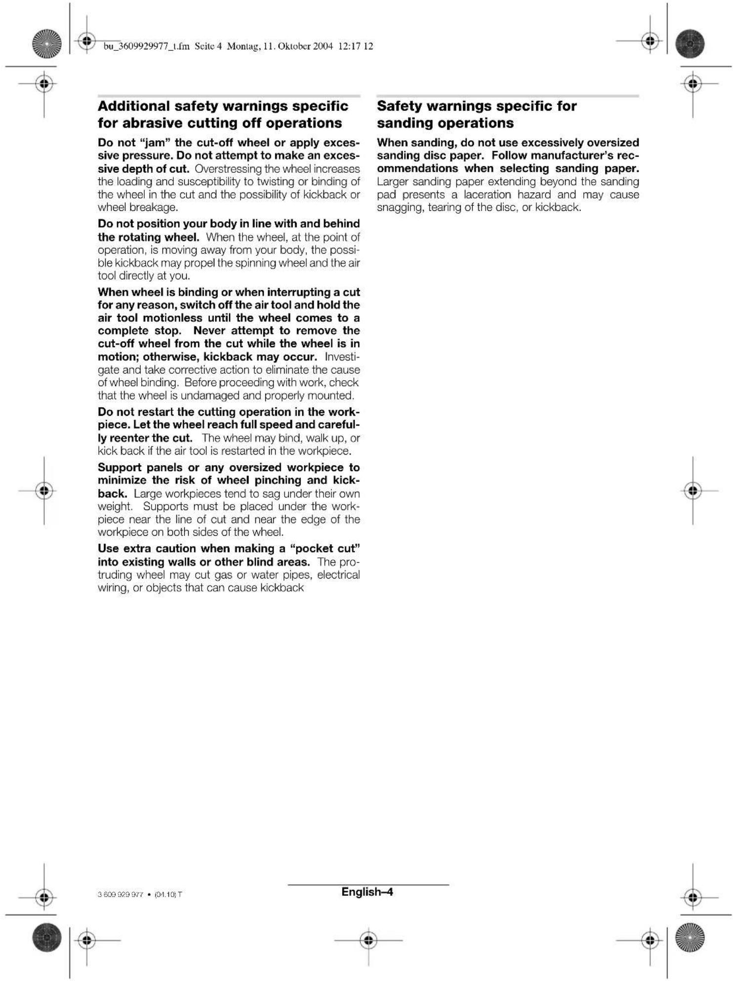 BOSCH 0 607 352 112 - Safety warnings specific for grinding and abrasive cutting off operations - 2
