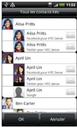 Tous les contacts liés Alisa Pritts Alisa Pritts Facebook pour HTC Sense Alisa Pritts Twitter pour HTC Sense April Lin April Lin Facebook pour HTC Sense April Lin Twitter pour HTC Sense April Lin Google Ben Carter OK Annuler