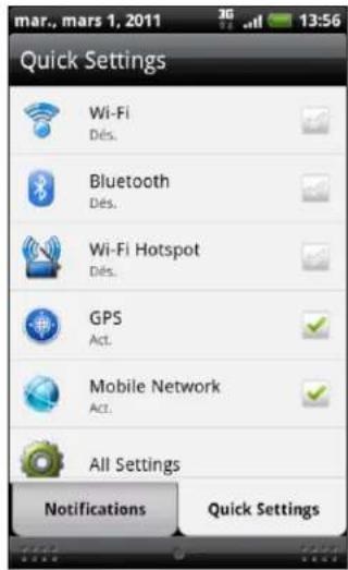 Mar., mars 1, 2011 3G 13:56 Quick Settings Wi-Fi Dés. Bluetooth Dés. Wi-Fi Hotspot Dés. GPS Act. Mobile Network Act. All Settings Notifications Quick Settings