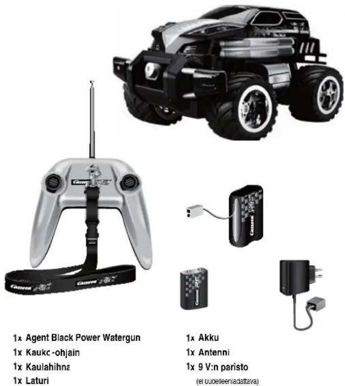 1x Agent Black Power Watergun 1x Kaukc -ohjain 1x Kaulahihnä 1x Laturi 1x Akku 1x Antenni 1x 9 V:n paristo (el uudelleenladattava)