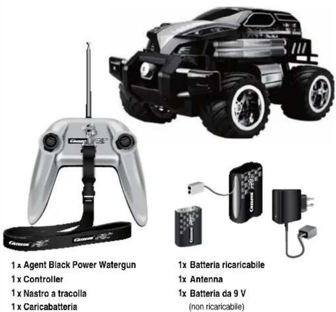 1 x Agent Black Power Watergun 1 x Controller 1 x Nastro a tracolla 1 x Caricabatteria 1x Batteria ricaricabile 1x Antenna 1x Batteria da 9 V (non ricaricabile)