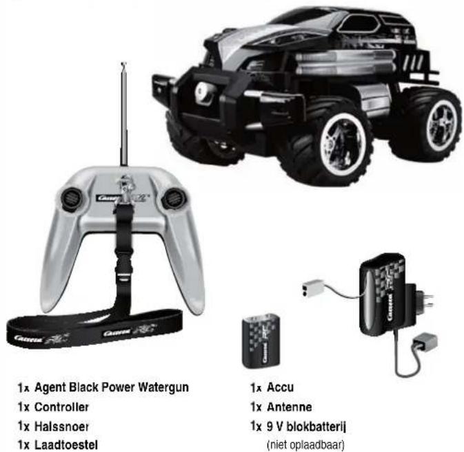 1x Agent Black Power Watergun 1x Controller 1x Halssnoer 1x Laadtoestel 1x Accu 1x Antenne 1x 9 V blokbatterij (niet oplaadbaar)
