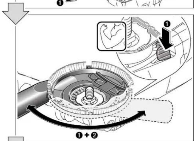 Technical diagram illustrating mechanical assembly steps with labeled components and directional arrows