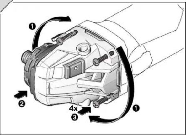 Technical diagram of a mechanical device with numbered components and rotational arrows indicating motion or assembly.