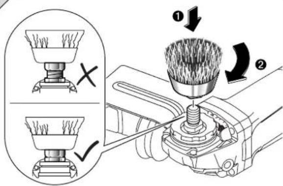 Technical diagram illustrating brush tool application on a machine, showing steps to press or adjust brush and press.
