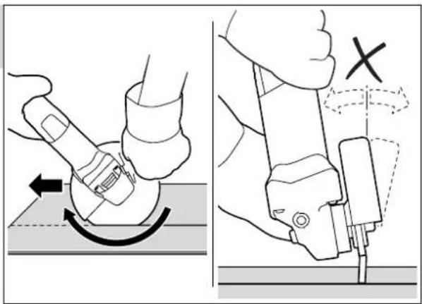Technical diagram showing two-step mechanical assembly process with directional arrows and a cross symbol indicating rotation or movement.