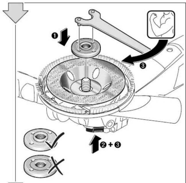 Technical diagram illustrating mechanical assembly steps with numbered annotations and directional arrows