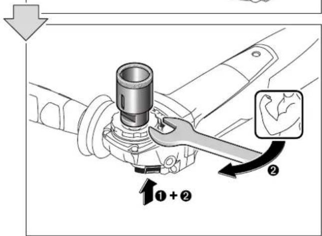 Technical diagram showing mechanical assembly with labeled parts and directional arrows indicating movement or force direction