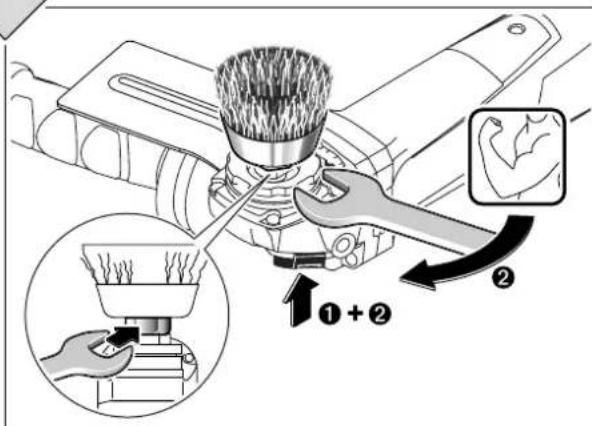 Diagram illustrating hair styling technique with labeled steps ① and ②, showing brush tool application and magnified views.