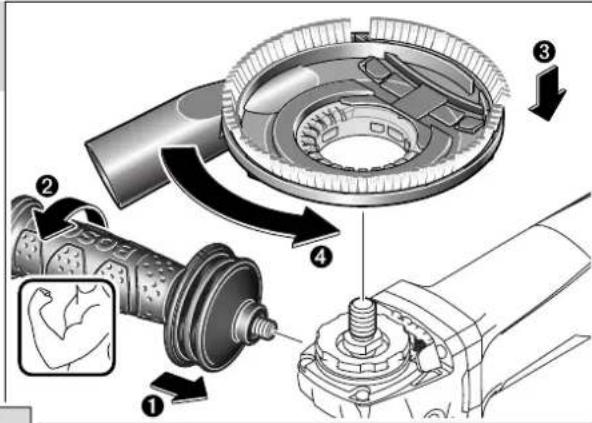 Technical diagram illustrating mechanical assembly steps with numbered components and directional arrows indicating motion