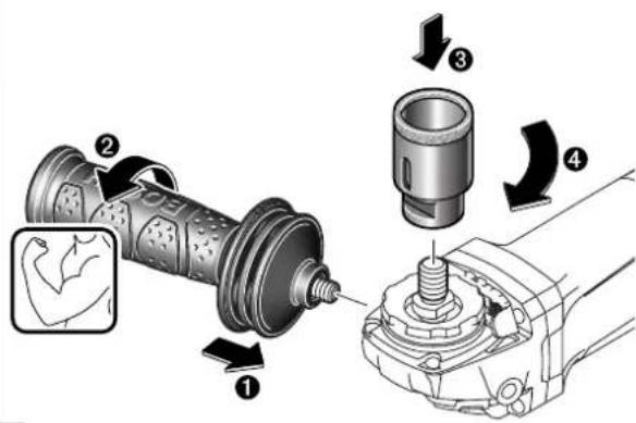 Technical diagram illustrating mechanical assembly steps with numbered components and directional arrows indicating motion