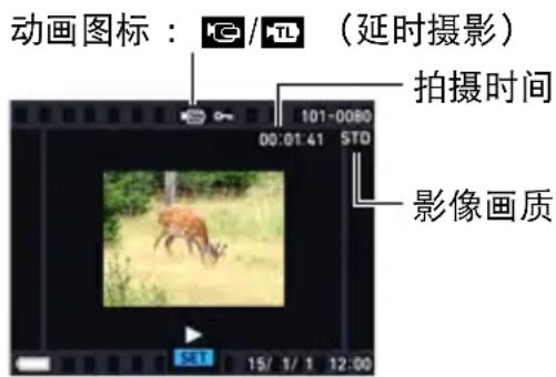 动画图标:G/TL (延时摄影) 101-0080 00:01:41 STD 拍摄时间 影像画质 SET 15/1/1 12:00