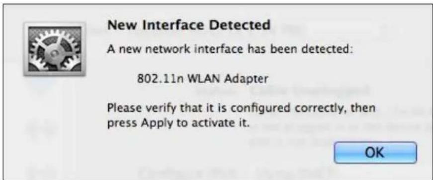 Edimax EW7722UTn V2 - Allez dans « Préférences système → Réseau » et une fenêtre s'ouvrira pour indiquer qu'une nouvelle interface a été détectée. Cliquez sur « OK » pour fermer la fenêtre et cliquez sur « Appliquer » en bas à droite du panneau « Réseau » - 1