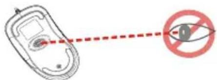 Diagram showing a device emitting a red dashed line to an eye symbol with a prohibition sign