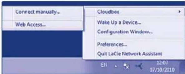 Connect manually... Web Access... Cloudbbox Wake Up a Device... Configuration Window... Preferences... Quit LaCie Network Assistant EN 12/07 07/10/2010