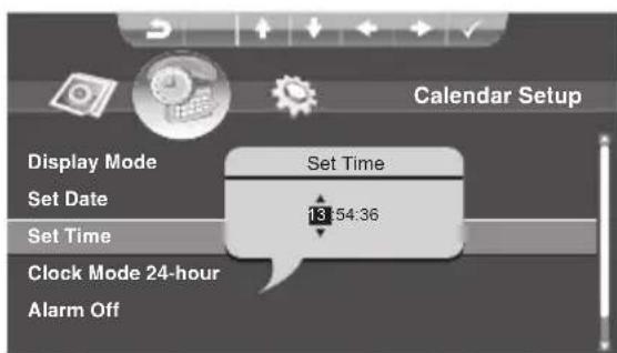 Calendar Setup Display Mode Set Time Set Date 13:54:36 Set Time Clock Mode 24-hour Alarm Off