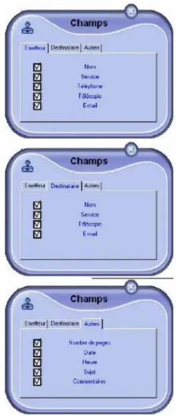 Champs Exelteur | Destinationaire | Autres ✓ Yes ✓ Service ✓ Telephone ✓ Télécopie ✓ Email Champs Exelteur | Destinationaire | Autres ✓ Yes ✓ Service ✓ Téléopie ✓ Email Champs Exelteur | Destinationaire | Autres ✓ Yes ✓ Service ✓ Telephone ✓ Email Nombre de pages Date Heure Sduit Commentaires