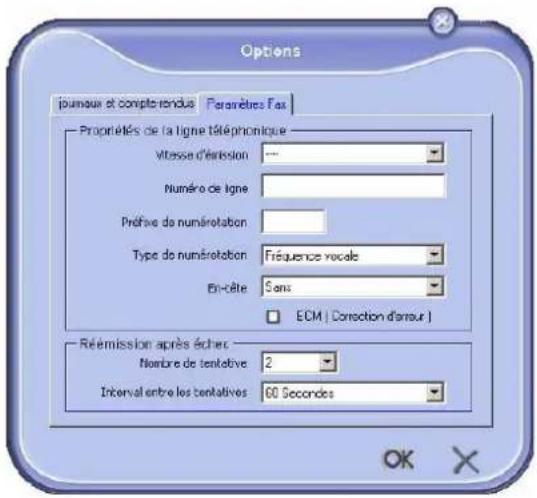 Options joumeux et compterendus | Paramètres Fax | Propriétés de la ligne téléphonique Vitesse d'émission Numéro de ligne Préfave de numérotation Type de numérotation: Fréquence récole En-Côte: Sans ECM | Correction d'annour | Réémission après échex Nombre de tenkative: 2 Interval entre les tenkatives: 60 Seconds