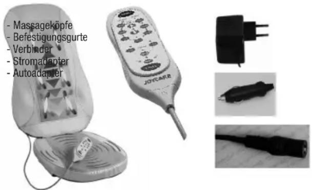 - Massageköpfe - Befestigungsgurte - Verbinder - Stromadapter - Autoadapter