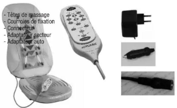- Têtes de massage - Courroies de fixation - Connecteur - Adaptateur secteur - Adaptateur auto