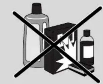 Warning symbol with three labeled bottles crossed out, indicating no chemical hazard or caution