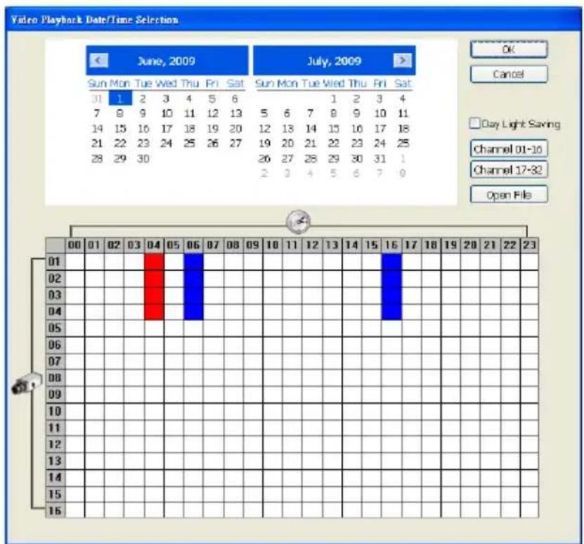 Video Playback Date/Time Selection June, 2009 Sun Mon Tue Wed Thu Fri Sat 31 1 2 3 4 5 6 7 8 9 10 11 12 13 14 15 16 17 18 19 20 21 22 23 24 25 26 27 28 29 30 July, 2009 Sun Mon Tue Wed Thu Fri Sat 5 6 7 8 9 10 11 12 13 14 15 16 17 18 19 20 21 22 23 24 25 26 27 28 29 30 31 1 2 3 4 5 6 7 9 OK Cancel Day Light Saving Channel 01-10 Channel 17-32 Open File