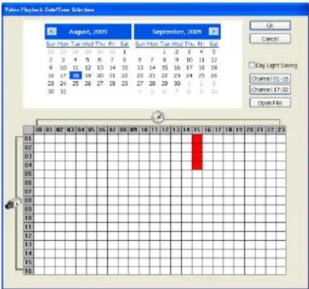 Value Playback Date/Time Selection August, 2009 Sun Mon Tue Wed Thu Fri Sat Sun Mon Tue Wed Thu Fri Sat 28 27 28 29 30 31 1 2 3 4 5 6 7 8 9 10 11 12 9 10 11 12 13 14 15 16 17 18 19 16 17 18 19 20 21 22 23 24 25 26 29 24 25 26 27 28 29 30 31 September, 2009 Sun Mon Tue Wed Thu Fri Sat 1 2 3 4 5 5 7 8 9 10 11 12 13 14 15 16 17 18 20 21 22 23 24 25 27 28 29 30 31 30 Day Light Saving Channel: D1-16 Channel: D7-32 Open File 08 01 02 03 04 05 06 07 08 09 10 11 12 13 14 15 16 17 18 19 01 02 03 04 05 06 07 08 09 10 11 12 13 14 15 16 17 18 19 20 21 22 23