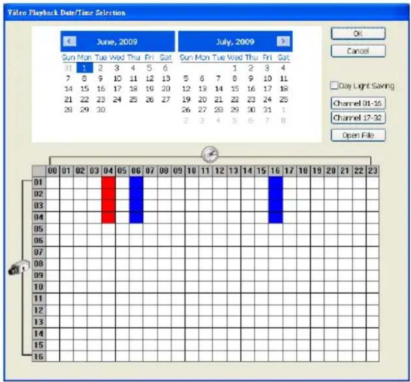 Video Playback Date/Time Selection June, 2009 Sun Mon Tue Wed Thu Fri Sat 31 1 2 3 4 5 6 7 8 9 10 11 12 13 14 15 16 17 18 19 20 21 22 23 24 25 26 27 28 29 30 July, 2009 Sun Mon Tue Wed Thu Fri Sat 5 6 7 8 9 10 11 12 13 14 15 16 17 18 19 20 21 22 23 24 25 26 27 28 29 30 31 1 2 3 4 5 6 7 8 Day Light Saving Channel 01-16 Channel 17-32 Open File OK Cancel 00 01 02 03 04 05 06 07 08 09 10 11 12 13 14 15 16 17 18 19 20 21 22 23