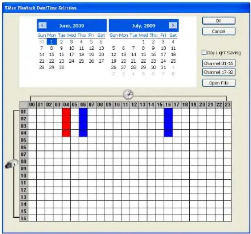 Video Playback Date/Time Selection June, 2009 Sun Mon Tue Wed Thu Fri Sat 31 1 2 3 4 5 6 7 8 9 10 11 12 13 14 15 16 17 18 19 20 21 22 23 24 25 26 27 28 29 30 July, 2009 Sun Mon Tue Wed Thu Fri Sat 5 6 7 8 9 10 11 12 13 14 15 16 17 18 19 20 21 22 23 24 25 26 27 28 29 30 31 1 2 3 4 5 6 7 8 Day Light Saving Channel 01-16 Channel 17-32 Open File 00 01 02 03 04 05 06 07 08 09 10 11 12 13 14 15 16 17 18 19 20 21 22 23 01 02 03 04 05 06 07 08 09 10 11 12 13 14 15 16 17 18 19 20 Cancel Open File