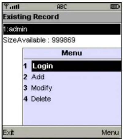 Existing Record 1:admin SizeAvailable : 999869 Menu 1 Login 2 Add 3 Modify 4 Delete Exit Menu