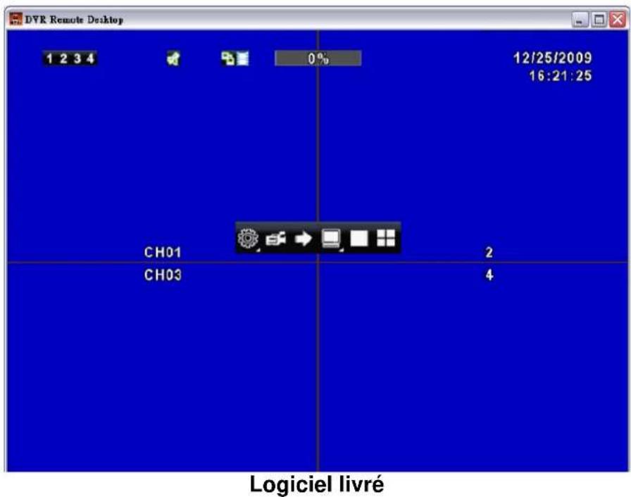 DVR Remote Desktop 1 2 3 4 0% 12/25/2009 16:21:25 CH01 2 CH03 4 Logiciel livré