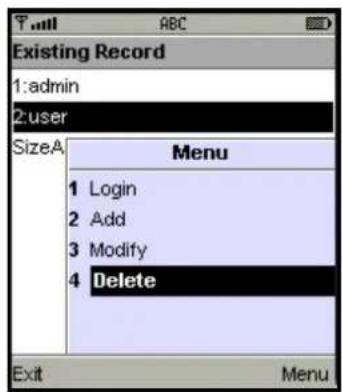 Existing Record 1:admin 2:user SizeA Menu 1 Login 2 Add 3 Modify 4 Delete Exit Menu